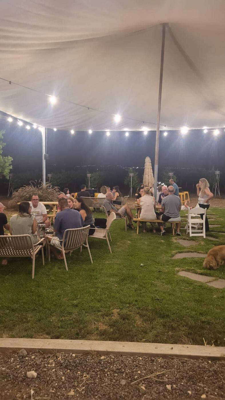 ערב בכרמא: אנשים יושבים תחת אוהל עם שרשרת נורות